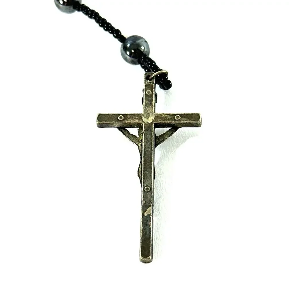 Vintage Catholic Hematite Rosary Black Hematite Beads Silver Tone Crucifix 20”